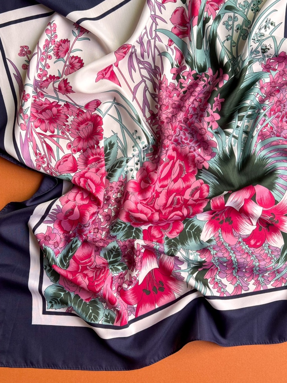 Vintage 1990s Pink Floral Print Scarf With Navy Border
